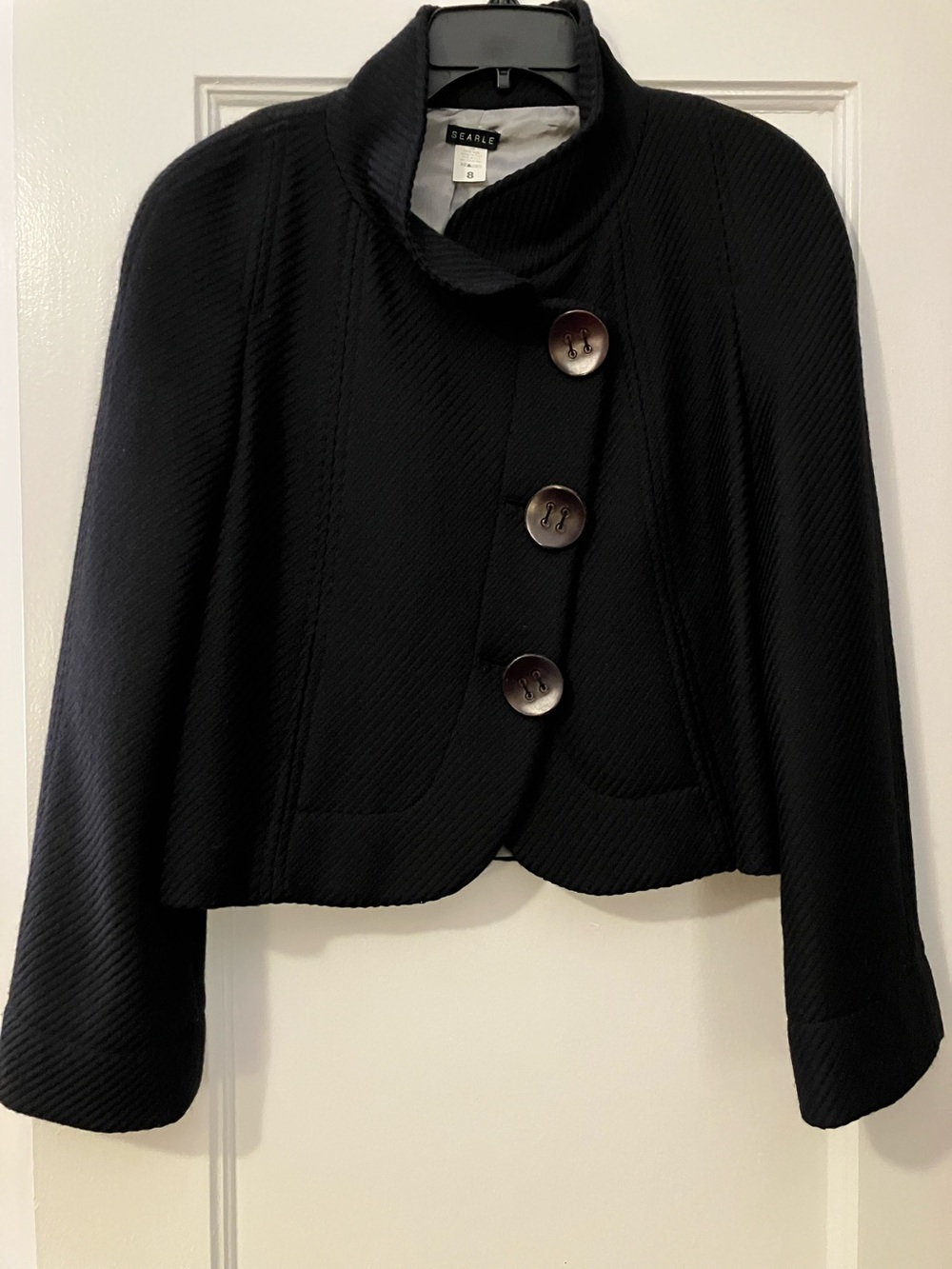 Vintage SEARLE 100% Virgin Wool Italian Fabric Cropped Jacket Black Sz 8 USA